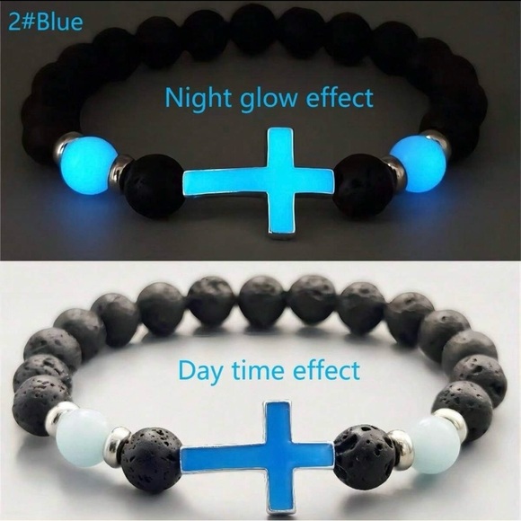 Glow in the Dark Blue Cross and Black Volcanic Stone Bracelet - Picture 2 of 3